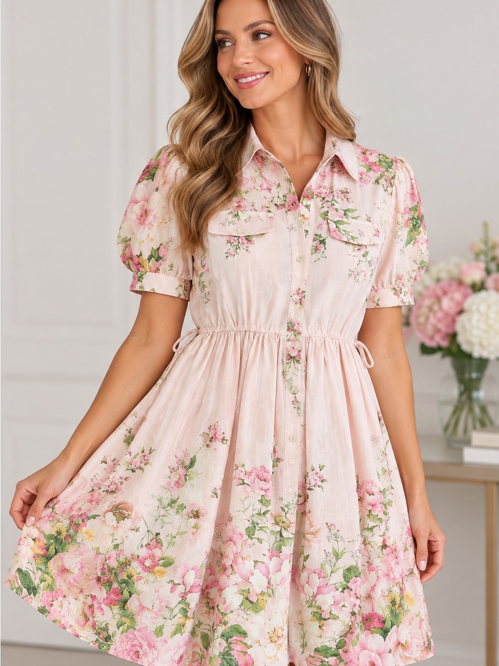 NWT Miss Avenue Pink Floral Shirt Dress Size Small Belted Romantic